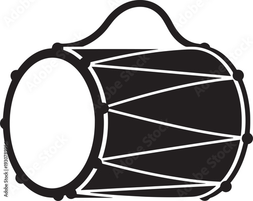 Indian dholak drum icon with strap representing traditional folk music instrument in black silhouette vector illustration