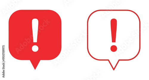 A red speech bubble with an exclamation mark and its outline counterpart.