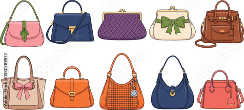 Stylish Handbags Collection with Leather Purses Shoulder Bags and Fashion Accessories Vector Illustration Set