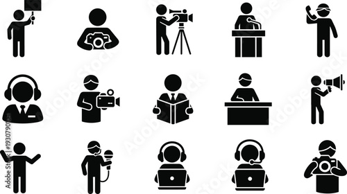 Media communication icons, journalism symbols, broadcasting figures, content creation silhouettes, public speaking illustration, customer service graphics, podcast host design, news reporting
