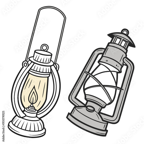 Vintage lanterns with one lit oil lamps lit lantern