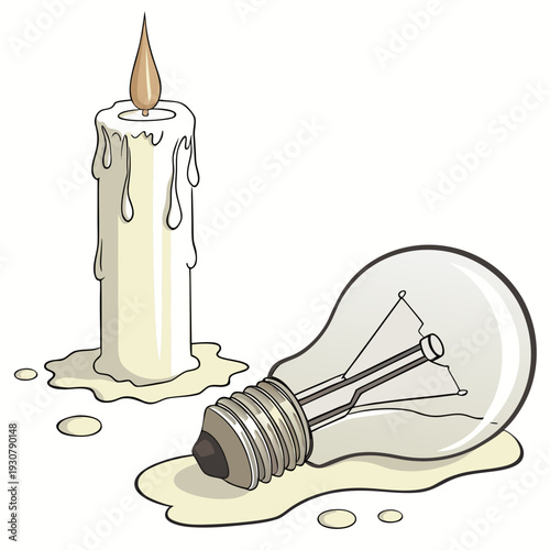 Melting candle and light bulb puddle white background