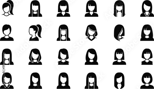 Minimalist female hairstyle icons, diverse women head silhouettes, black and white avatar haircuts, fashion design elements, beauty illustration collection