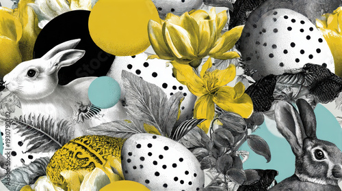 Seamless layered collage easter composition with vintage rabbit, decorated eggs and yellow flowers in modern artistic style