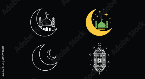 Flat vector set of ramadan islamic festive celebration elements, ramadhan mubarak icons set collection