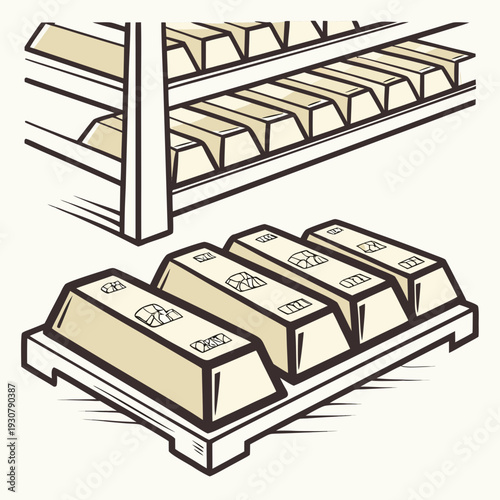 Gold bars on shelves and in tray gold ingots storage