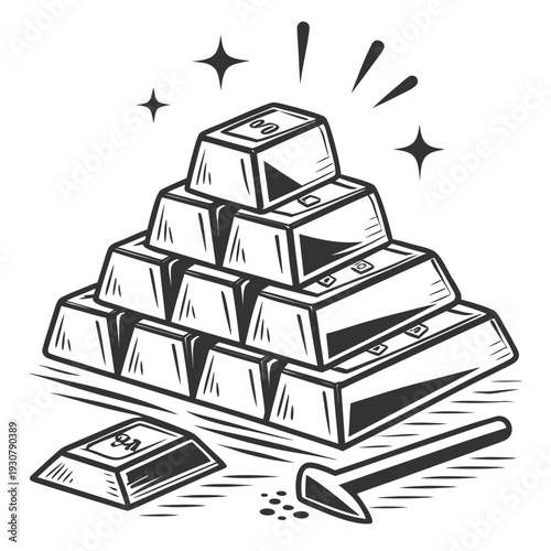 Gold bars stacked in a pyramid with a shovel and one bar on the ground