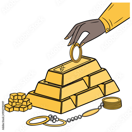 Hand lowering gold ring onto gold bars treasure