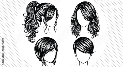 Stylized women hairstyles illustration, black and white haircut art, fashion hair design, salon hairstyle reference, beauty haircuts drawing, trendy hair