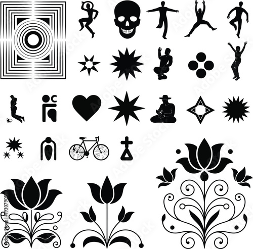 Seamless floral vector pattern with black and white flowers and decorative elements