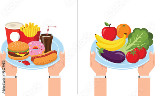 Flat vector illustration comparing healthy organic produce and fresh vegetables with fast food snacks sugary donuts and soda for nutrition and balanced lifestyle concepts.