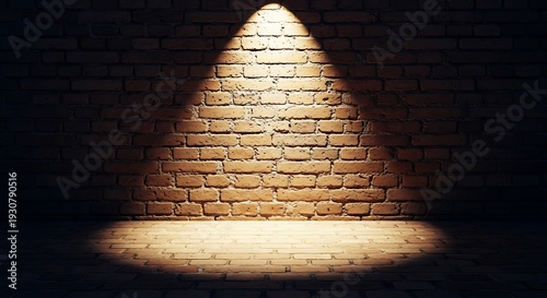 Dramatic spotlight on empty brick wall and floor