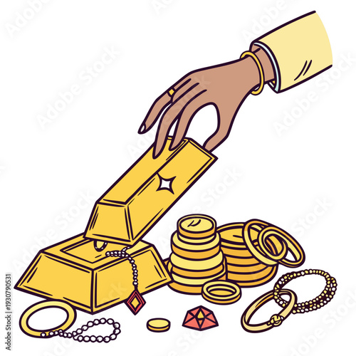 Hand reaching into gold treasure box with coins jewelry