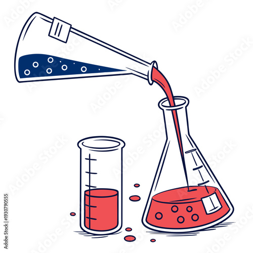Pouring red liquid from beaker into flask with test tube nearby
