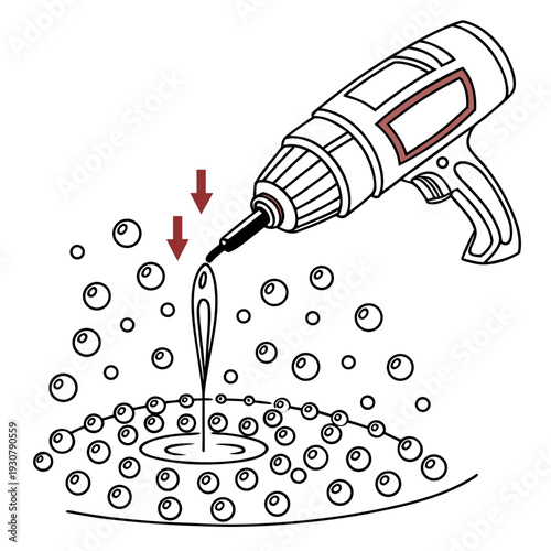 Of a drill dispensing reactive droplets red arrows