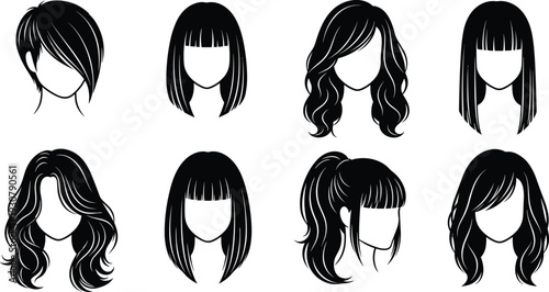 Women's hairstyle silhouette collection, fashion haircuts vector, beauty salon design, trendy haircut icons, stylish female hair illustration set