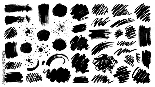 Hand Drawn Black Ink Brush Strokes Splatters and Marker Scribble Texture Design Elements