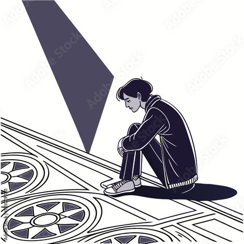 Man sitting on floor with head down in contemplation