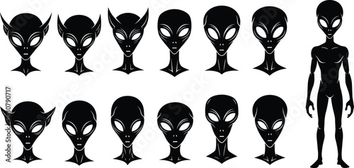 Black and white alien silhouette collection featuring various extraterrestrial head shapes, ufo creature faces, and a full body humanoid character isolated.