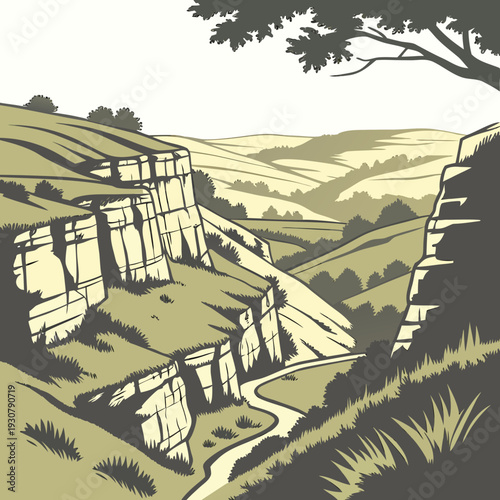 Green hillside cliffs with winding path and tree valley