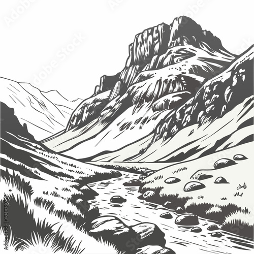 Monochrome highland valley landscape with rocky mountain and stream