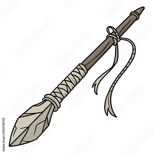 Primitive stone age spear with feather fletching