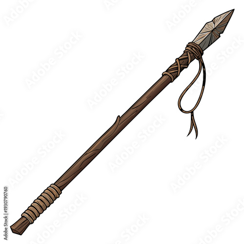 Primitive stone tipped spear with wooden shaft and leather wrapping