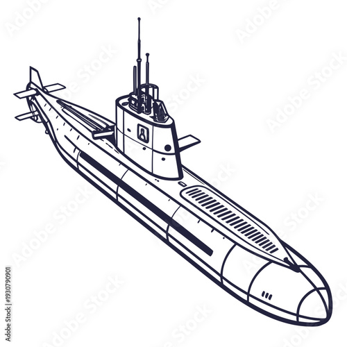 Navy submarine with conning tower and periscope vessel