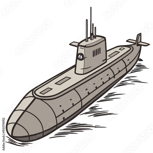 Gray submarine with antennae and periscope on water