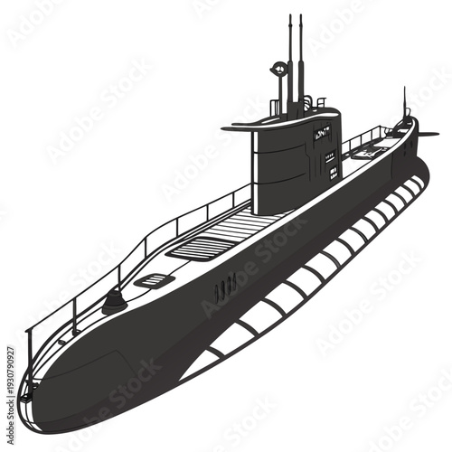 Black submarine with deck and conning tower boat naval