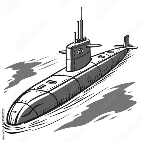 Gray submarine with conning tower and periscope nautical vessel