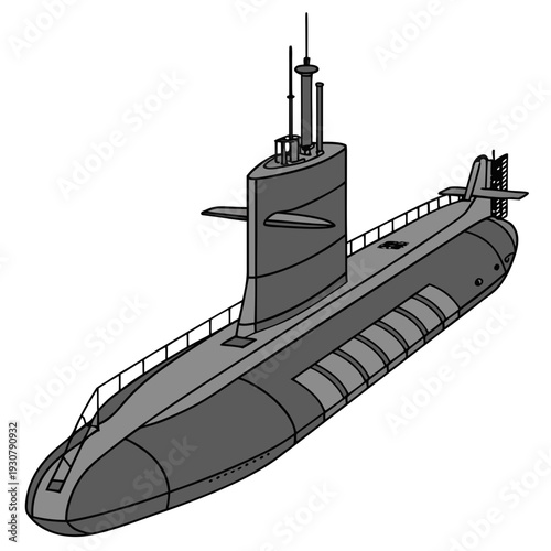 Gray submarine with conning tower and deck railings