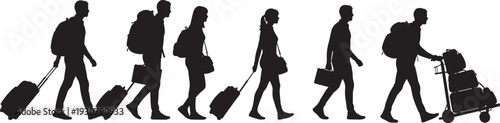 Silhouette vector set of travelers walking with luggage, carrying suitcases and bags, pushing cart, airport journey concept, transportation, migration, travel illustration design