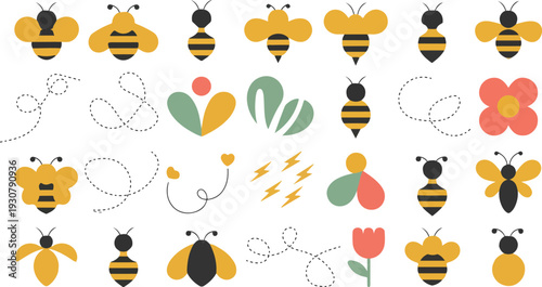  Flying Bee Route Set – Cute Dotted Flight Path Vector With Honey Bee Trail & Organic Nature Elements