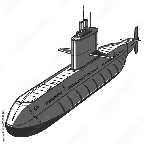 Gray submarine with conning tower and periscope heavy submarine