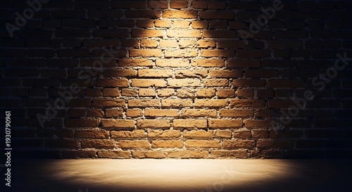 Dramatic spotlight on rustic brick wall with warm lighting effects
