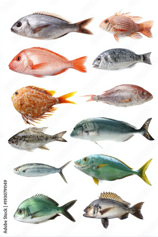 Fototapeta premium Variety of fresh fish species on white background