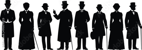 Black and white silhouette collection of Victorian era people in formal attire including gentlemen with top hats and elegant ladies.
