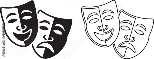 Theatrical Masks Icon Set – Classic Comedy & Tragedy Drama Symbol for Theater and Masquerade Illustration