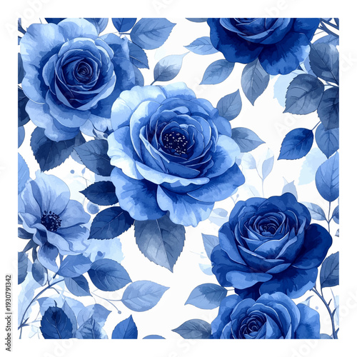 Blue rose flowers pattern on white background with leaves.