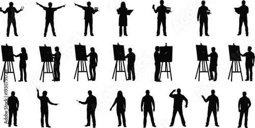 Black and white silhouette collection of artists painting at easels and people in various standing poses for creative studio concepts.