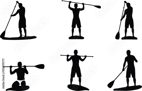 Black and white silhouette collection of men practicing stand up paddle boarding and rowing on water in various athletic poses.