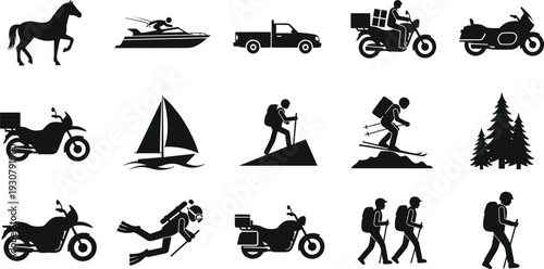 Black and white silhouette icon set featuring outdoor activities including hiking, skiing, scuba diving, motorcycling, sailing, and a horse isolated.