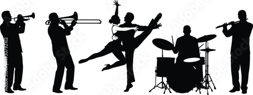 Black and white silhouette of musical band with trumpet, trombone, flute, drums, and a couple dancing in elegant poses isolated.