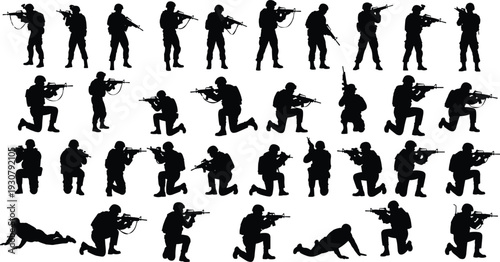 Black and white silhouette collection of soldiers in various tactical positions including standing, kneeling, and crawling with rifles isolated vector.