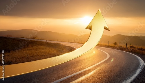 golden upward arrow growth chart on curved road at sunrise inspiring success