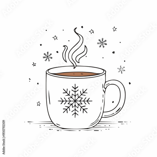 Steaming cup of coffee with snowflakes gently falling around it in a serene winter scene depicted in a simple illustration.