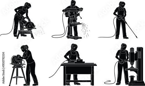 Black and white silhouette of female factory workers operating industrial machinery including drill press, circular saw, and power tools isolated.