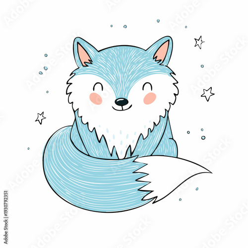A cute cartoon fox with a fluffy tail surrounded by stars in a whimsical illustration from a front viewpoint