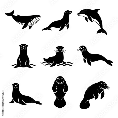 Silhouette aquatic mammal icon set featuring various sea creatures